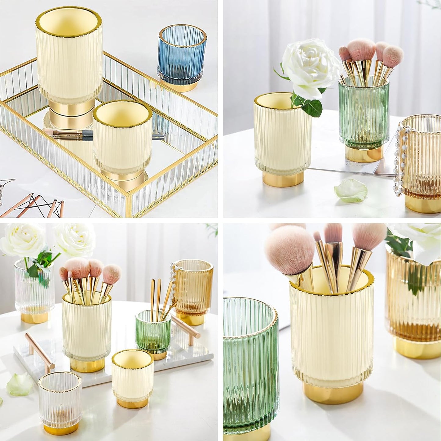 DASITON Makeup Brush holder Organizer,Crystal Cosmetic Makeup Brush Glass Brushes Storage Holder, Vintage Make Up Brush Cup Pen Pencil Holder striped vase(Cream S)