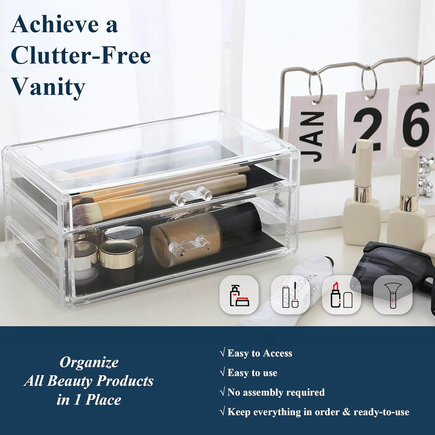 Sea Team Clear Makeup Organizer with Drawers, Acrylic Plastic Cosmetic Display Case, Jewelry Storage Box, Holder for Dresser, Bathroom, Vanity, Countertop (1 Large, 1 Middle Drawers)