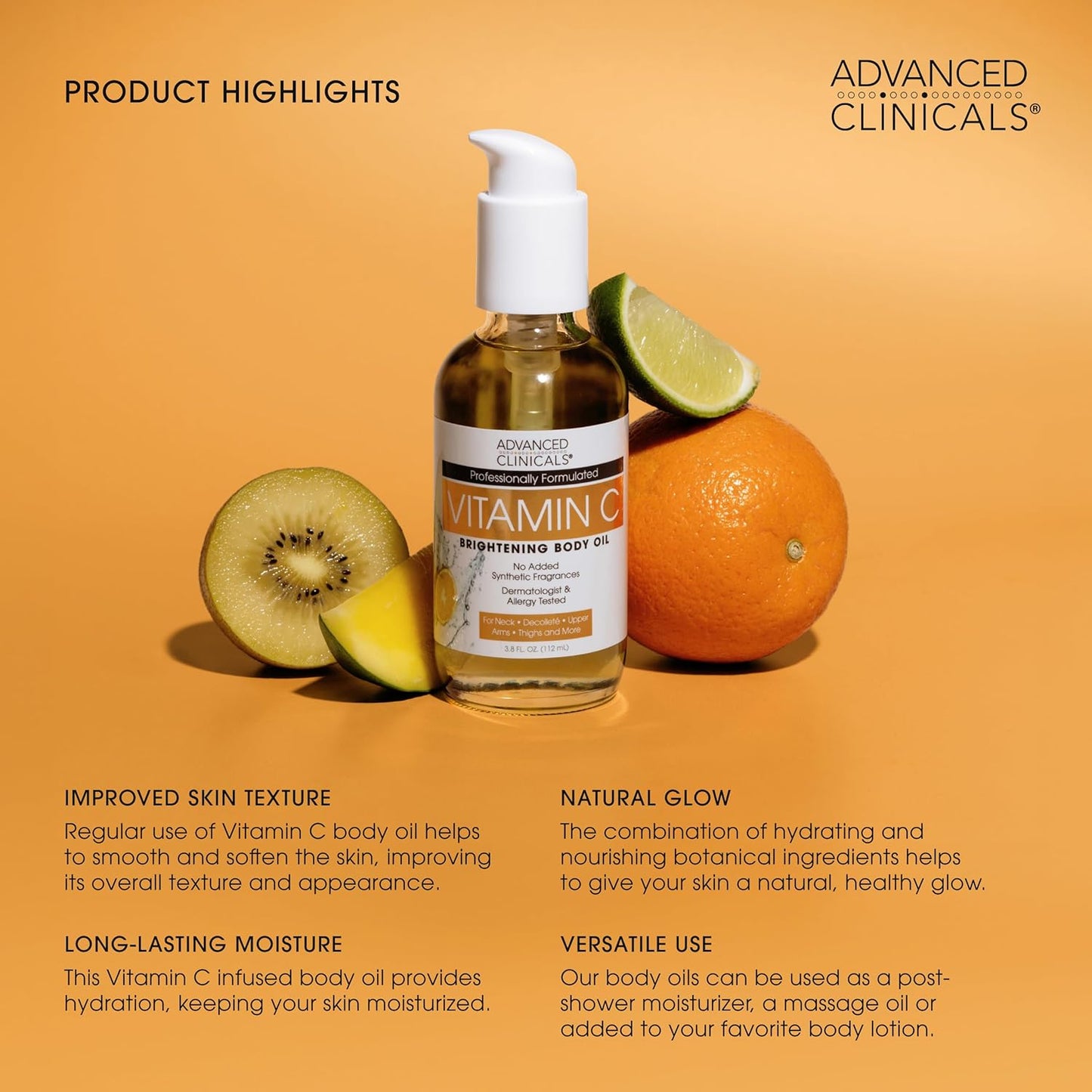 Advanced Clinicals Brightening Vitamin C Body Oil For Women & Men | Vitamin C Glow Oil Skin Care Body Moisturizer With Vitamin E + Botanicals To Help Improve Look Of Dark Spots + Dry Skin, 3.8 Fl Oz