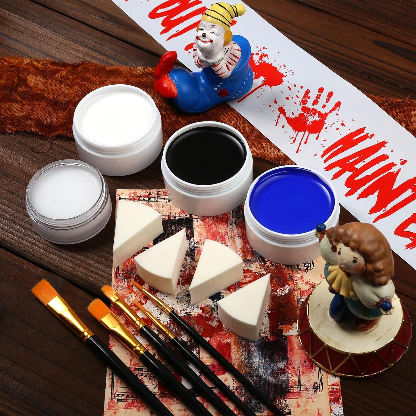 Black White Blue Face Paint Kit – 3×50g Oil-Based Grease Makeup with Remover Balm, Brushes & Sponges – Sweat-Proof, Easy On & Off SFX Makeup for Halloween, Cosplay, Ghost & Ice-Themed Stage Looks