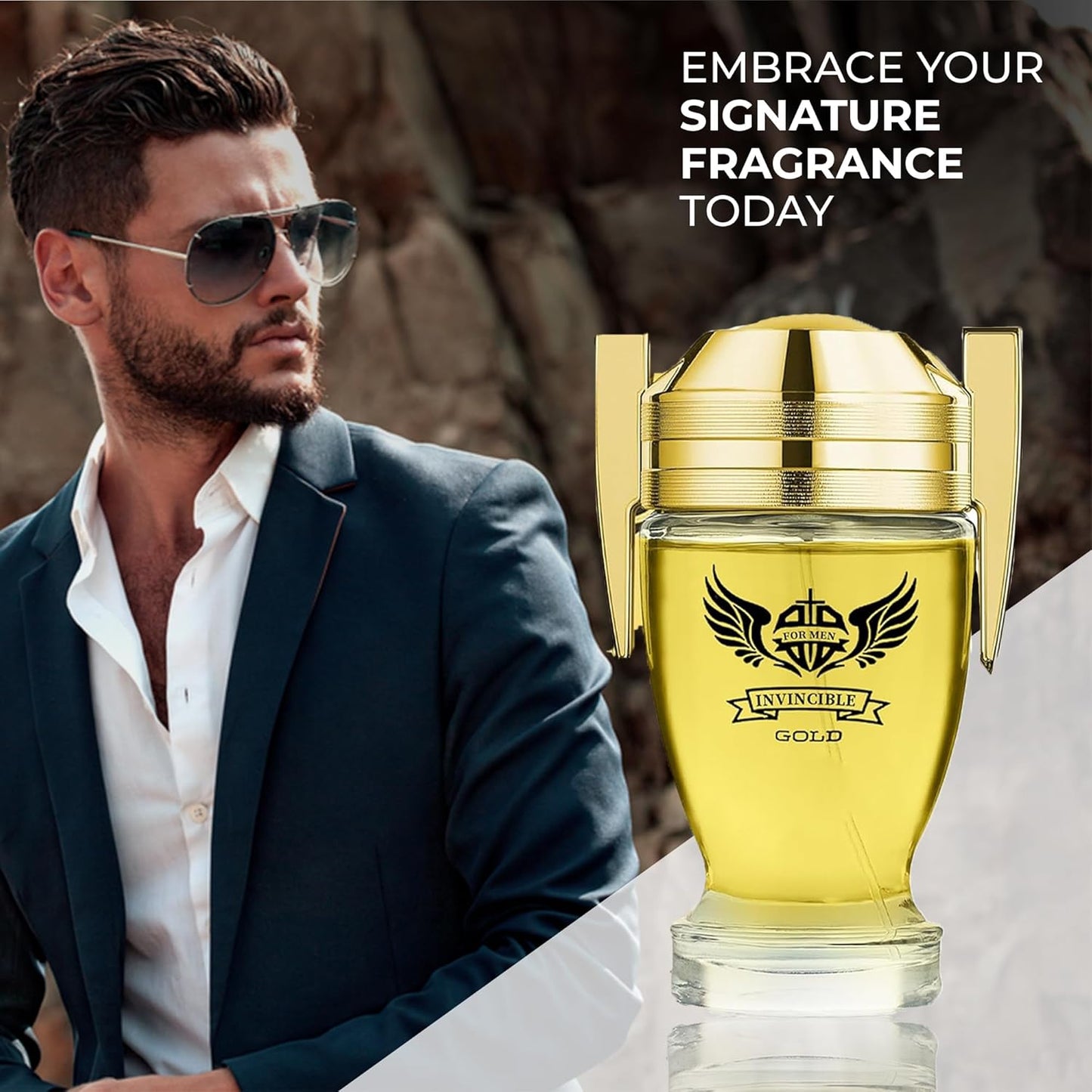 Invincible Gold Men's Cologne–Bold & Sophisticated Scent Eau de Toilette With Citrus, Spice, And Woody Notes Natural Spray Fragrance 3.4Fl Oz