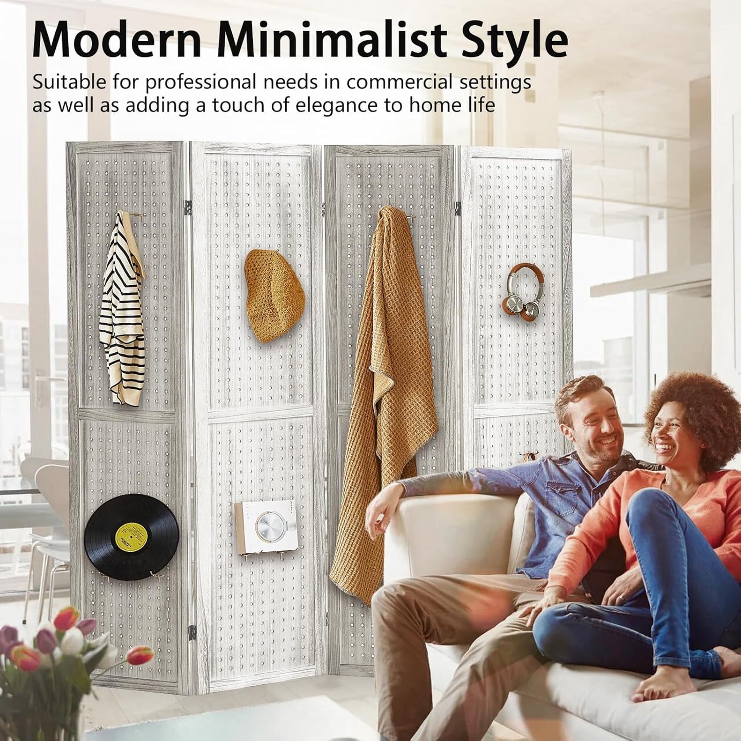 Room Divider, Room Partitions and Dividers, 4 Panel Room Divider Panel, Pegboard Display Board with 16 Hooks for Bedroom, Bazaar, Jewelry Display Stand, White