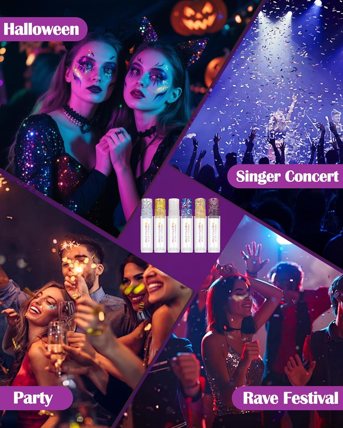 Body Glitter Stick, Waterproof Long Lasting Sparkling Face Shimmer Makeup, Singer Concerts Disco Music Halloween Festival Rave Accessories, Holographic Chunky Sequins Hair Stick,Gift for Women girl-01