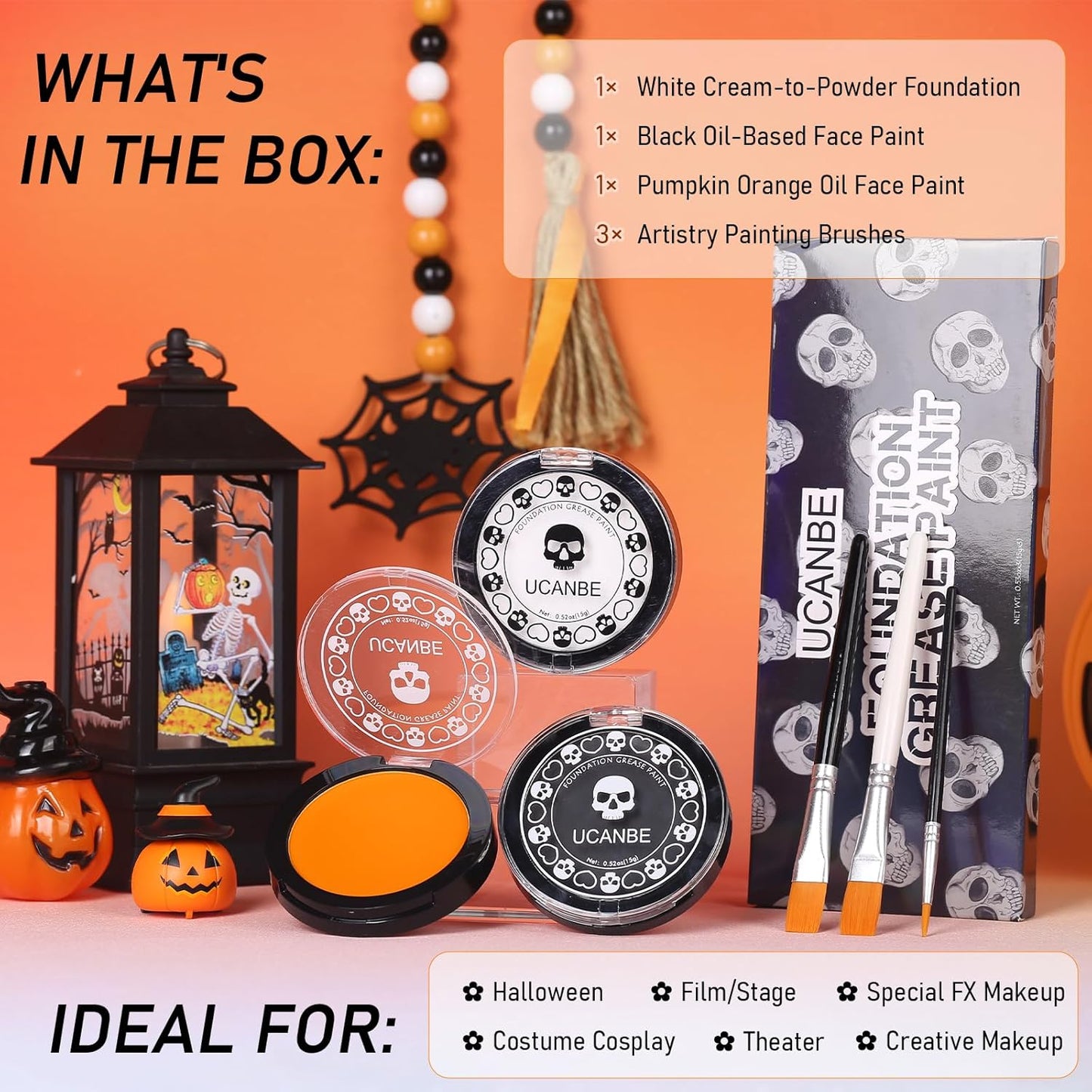 White Foundation + Black Orange Face Body Paint with Brushes for Halloween Pumpkin Clown Makeup, Non Toxic Face Painting Kit Facepaints Set for Kids Adults Party Scarecrow Tiger SFX Cosplay Make Up