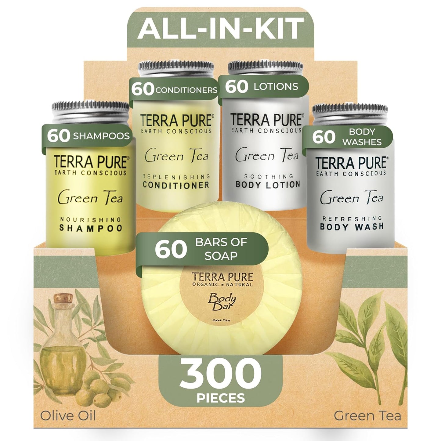 Terra Pure Hotel Soaps & Toiletries Bulk Set | 1-Shoppe Amenities Kit | 1oz Shampoo & Conditioner, Body Wash, Lotion, 1.25oz Bar Soap | Travel Size | 300 Pieces