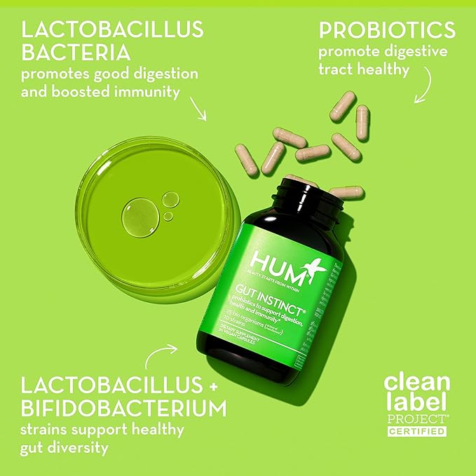 HUM Gut Instinct, Daily Probiotics for Digestive Health for Women and Men - Lactobacillus + Bifidobacterium Strains for Bloating, Immune Support + Healthy Gut Diversity (90-Count)
