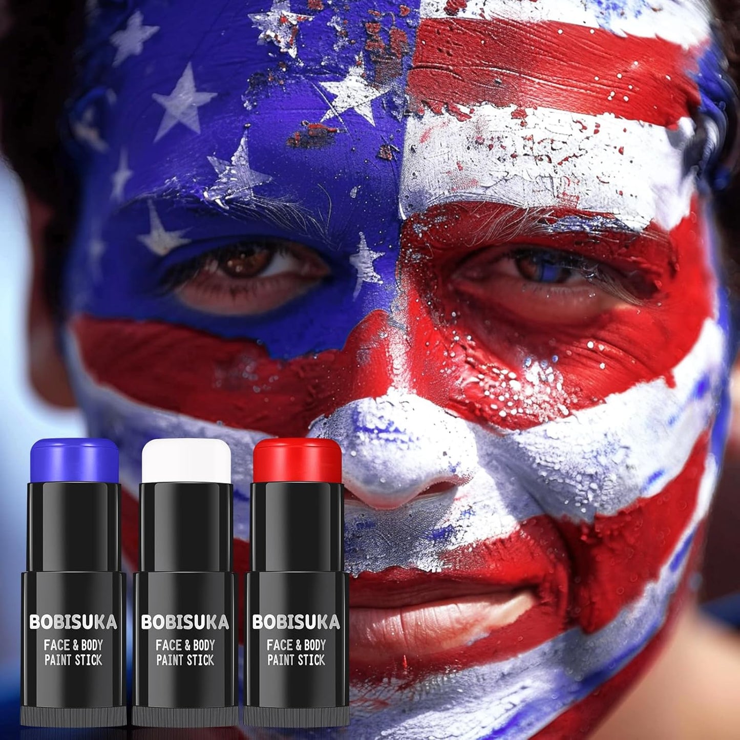 BOBISUKA Red White Blue Face Paint Stick Kit, Eye Black Sticks for Football Baseball Softball Lacrosse American-Flag, Body Paints Makeup Kit for Halloween Cosplay Special Effects Costume SFX
