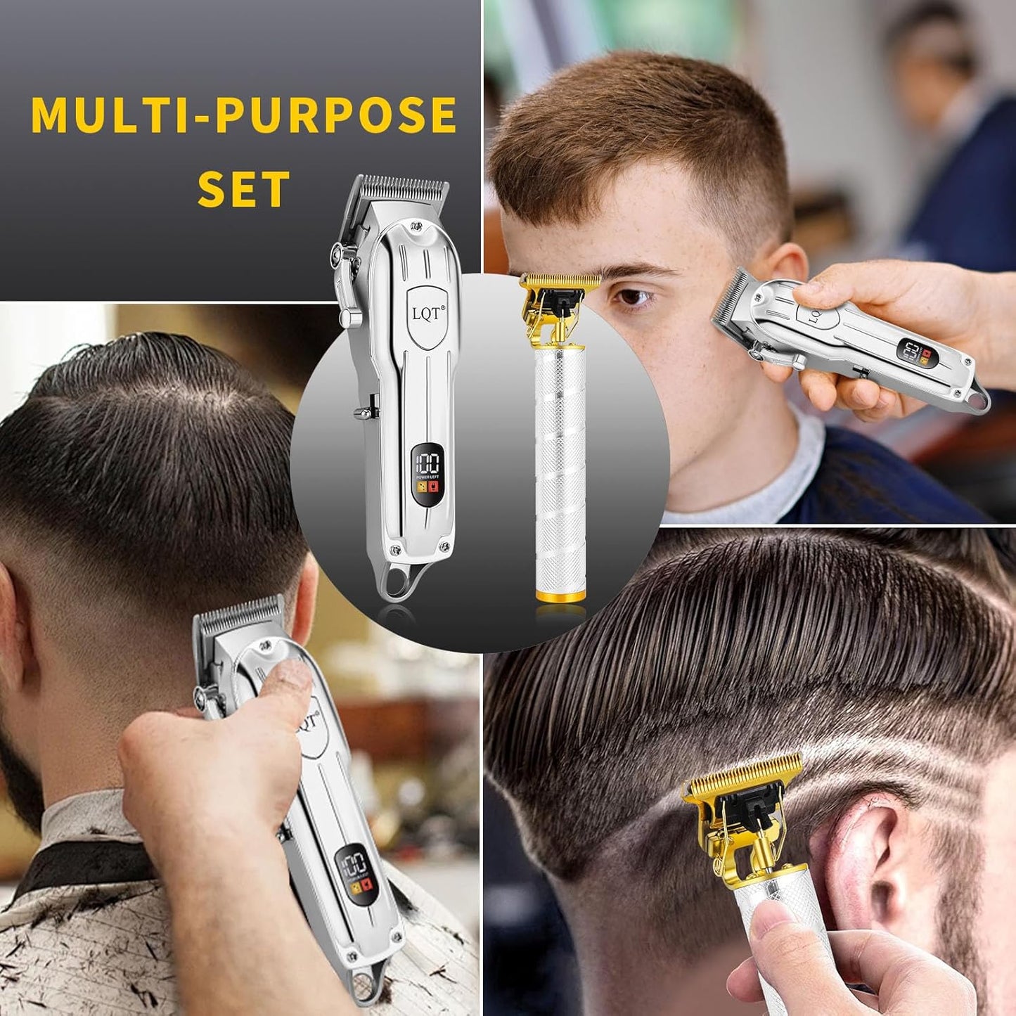 Professional Hair Clipper Set, Gold, LED Display, with Trimmer, 8 Guide Combs, Barber Shaver Set, with Travel Case and Haircut Cape (Silver)
