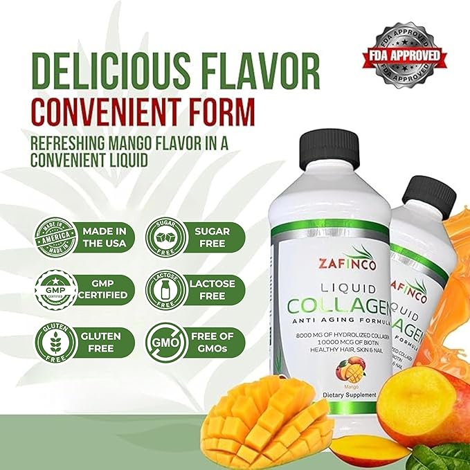 Liquid Collagen Peptides for Women & Men-Mango Flavored 10000 mcg Biotin+8000 mg Hydrolyzed,Sugar Free Premium Juice for Anti-Aging,Skin,Hair,Nails & Joints -16 Fl oz-Made in USA