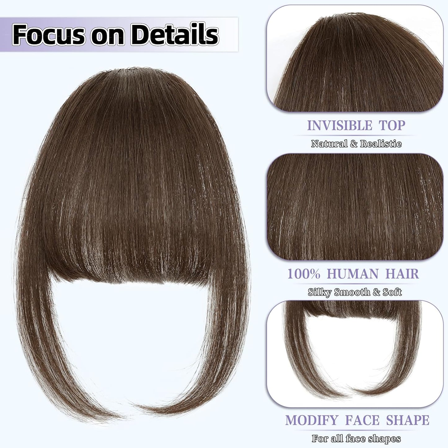 Wispy Bangs Hair Clip, 100% Human Hair Clip In Medium Brown Bangs for Women, Soft Layered Fake Bangs with Feathered Fringe, Easy Clip-On Design for Daily Wear & Halloween