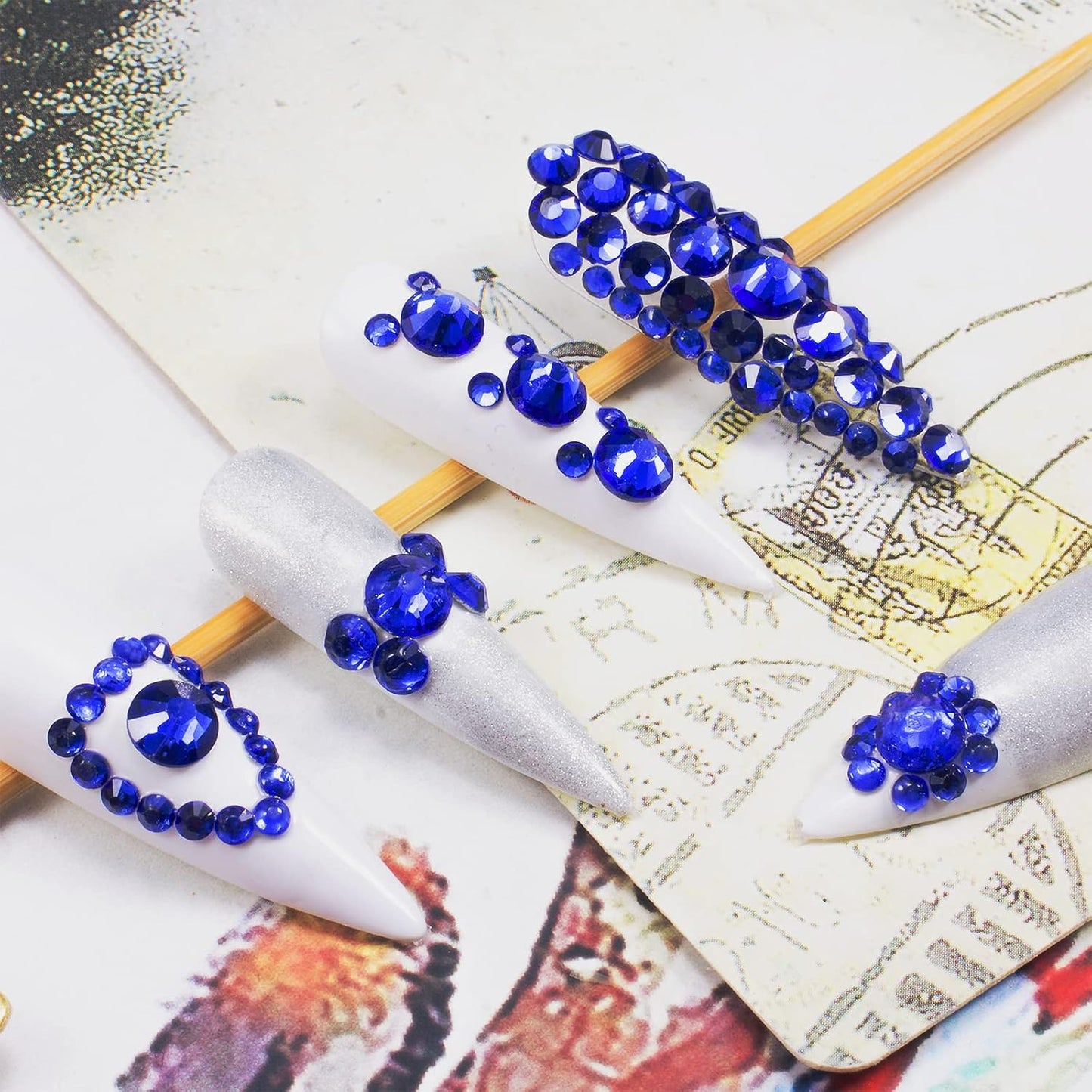 Nail Art Rhinestones HUETFAT 2400 Pcs Flatback Rhinestones Gems Stones Round Crystal Royal Blue 6 Sizes (1.9-4.5 mm) with Storage Organizer Box Wax Pencil Tweezers for Nail Art craft（Sapphire）