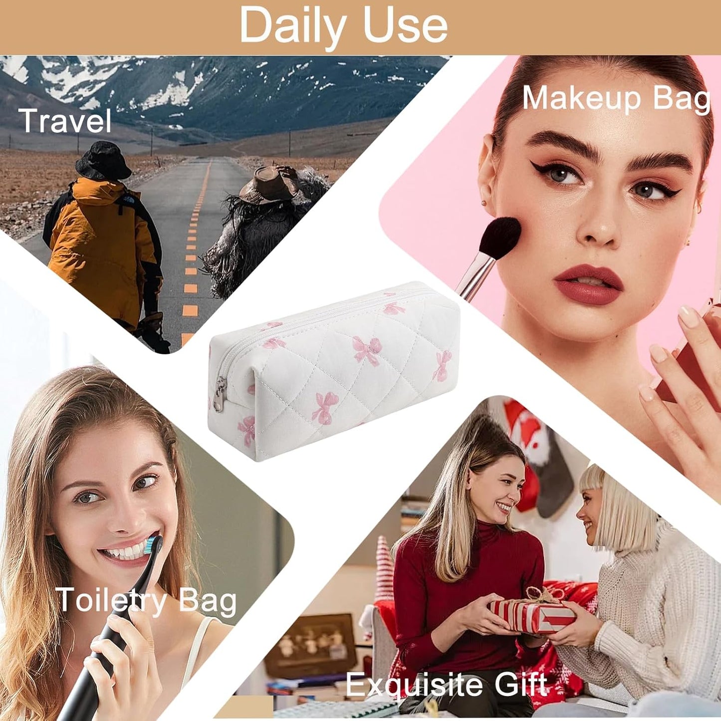 Cute Floral Cotton Makeup Brush Cosmetic Bag for Women, Travel Quilted Zipper Make Up Bag, Flowers Toiletry Organizer Case Kawaii Makeup Cosmetic Travel Cloth Pouch (Pink Bow Tie)