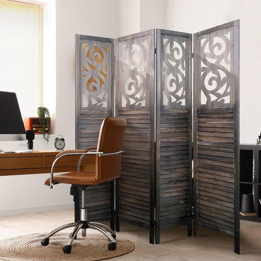 4 Panel Room Divider 5.6FT Wood Carved Room Dividers, Folding Privacy Screens Portable Freestanding Partition Wall Dividers for Bedroom, Office, Rustic Brown
