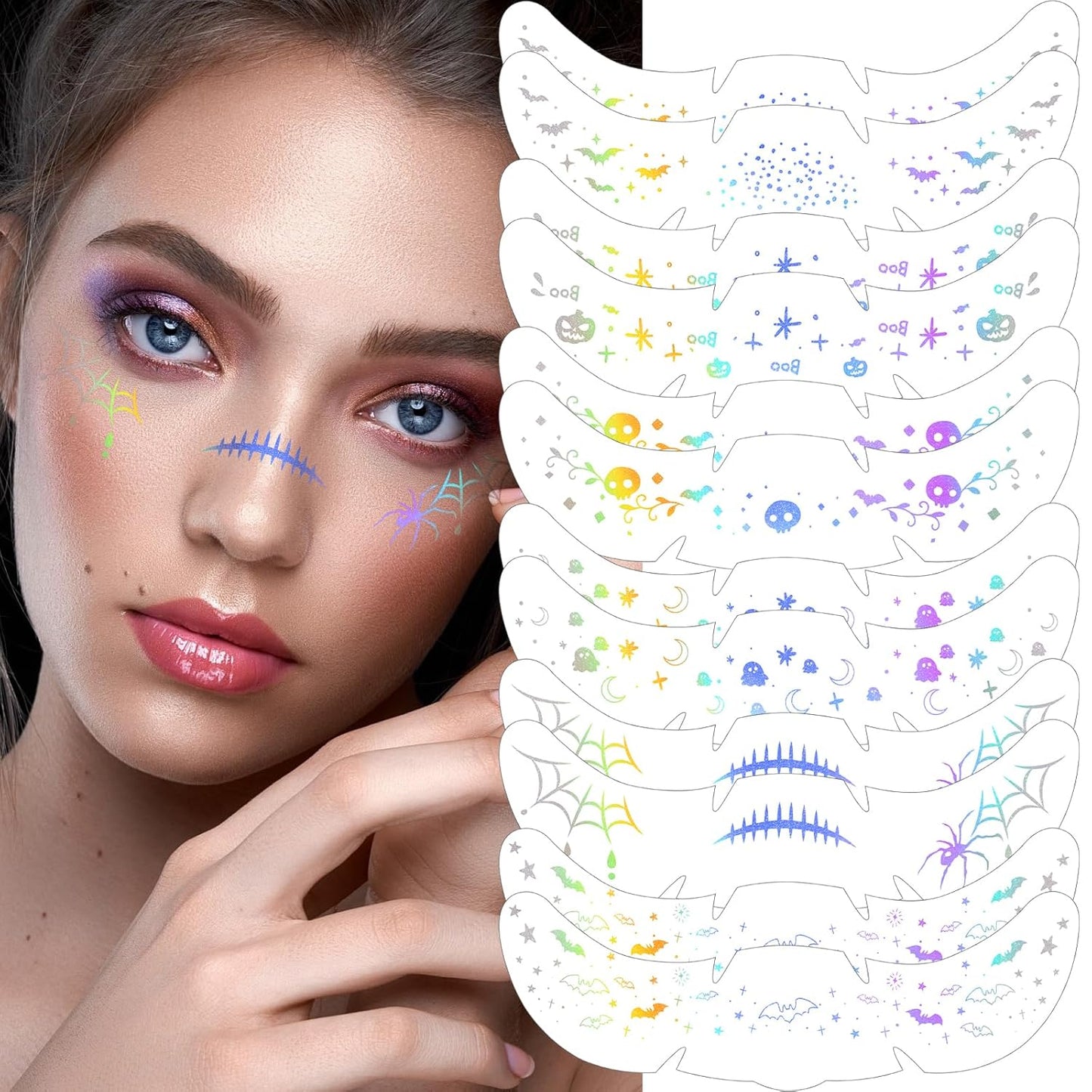 HyperFun 12Pcs Halloween Face Glitter Freckles, Glitter Freckles Face Tattoo Sticker, Holographic Multichrome Waterproof Sparkle Freckles Makeup Patches for Women Rave Festival Accessories Party Prom