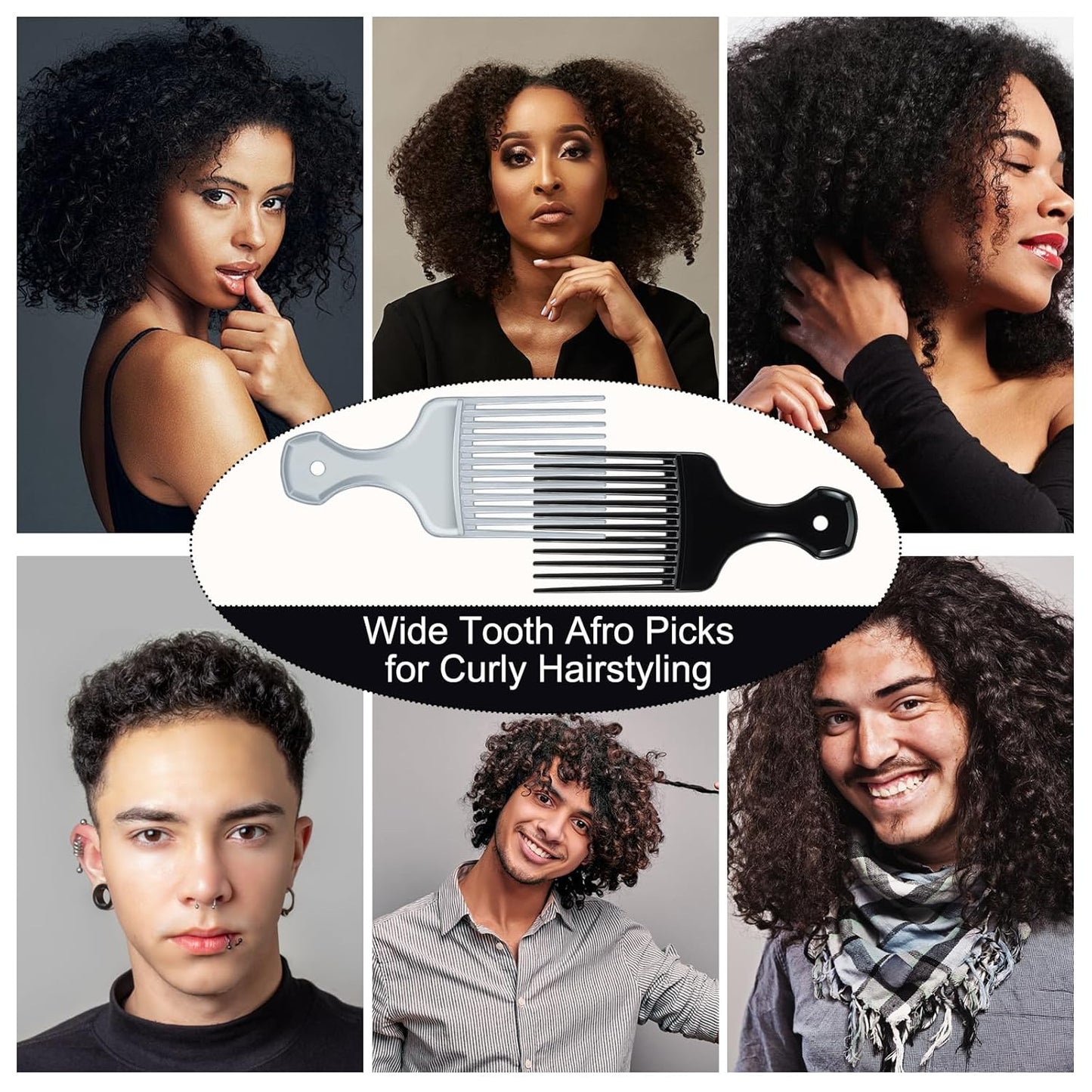 SIMPOR 2 Pcs Hair Pick Comb Wide Tooth Lift for Hair Styling Detangling Plastic Afro Pick for Women Men (Silver, Black)