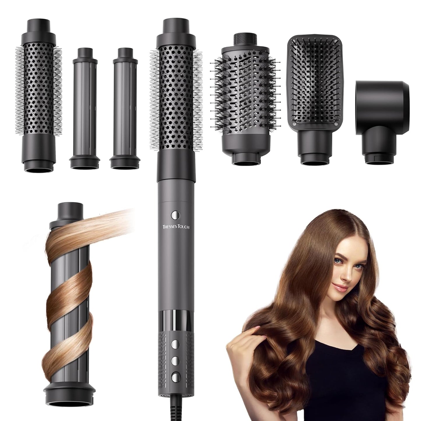 6 in 1 Air Wrap Hair Styler - Hair Dryer Brush Set, Powerful Multi-Styler Blow Dryer Brush with Auto-Wrap Curlers, thermal Brushes for Drying/Curling/Straightening, Hair Styling Tools for Travel, Grey