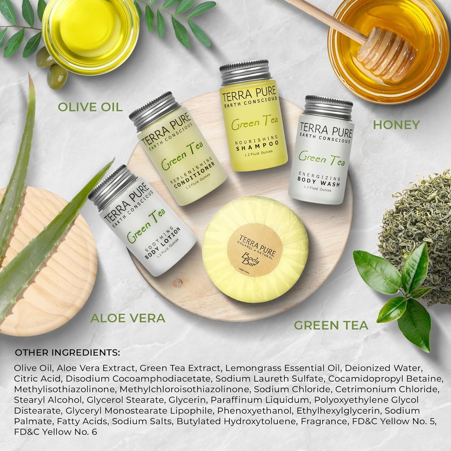 Terra Pure Hotel Soaps & Toiletries Bulk Set | 1-Shoppe Amenities Kit | 1oz Shampoo & Conditioner, Body Wash, Lotion, 1.25oz Bar Soap | Travel Size | 300 Pieces