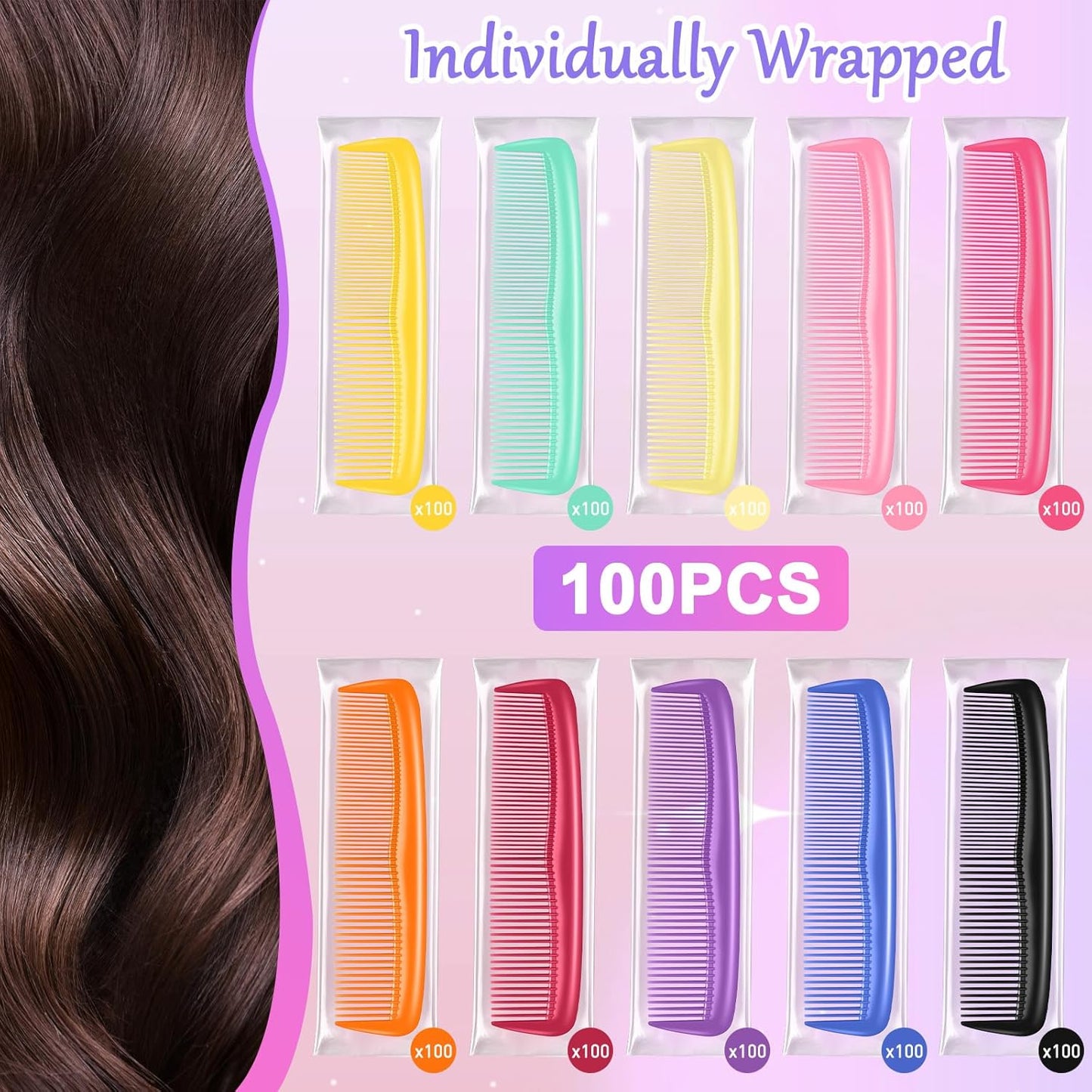 HOFASON 100 Pack Combs Bulk for Women Kids Homeless, Individually Wrapped Plastic Pocket Hair Combs Set Small Bulk Travel Combs for Styling, Homeless, Hotel, Shelter, Nursing Home, Charity, 10 Colors