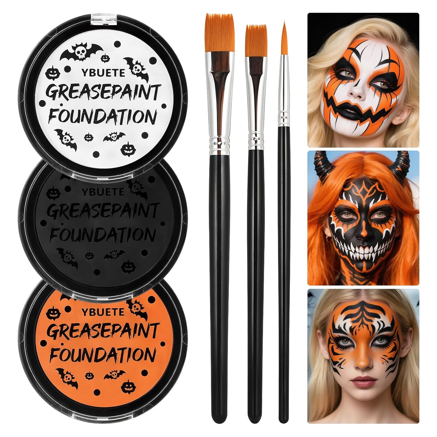 Orange Black White Oil Based Face Paint Kit with Painting Brushes, Professional Full Coverage Greasepaint for Adults Halloween Cosplay SFX Tiger Pumpkin Makeup Carnival Theater Stage