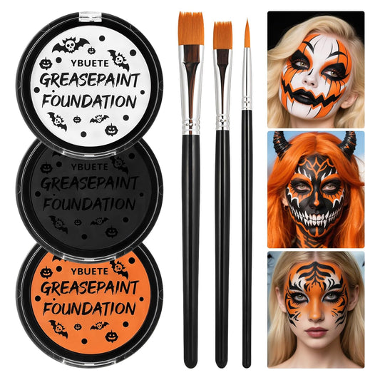 Orange Black White Oil Based Face Paint Kit with Painting Brushes, Professional Full Coverage Greasepaint for Adults Halloween Cosplay SFX Tiger Pumpkin Makeup Carnival Theater Stage