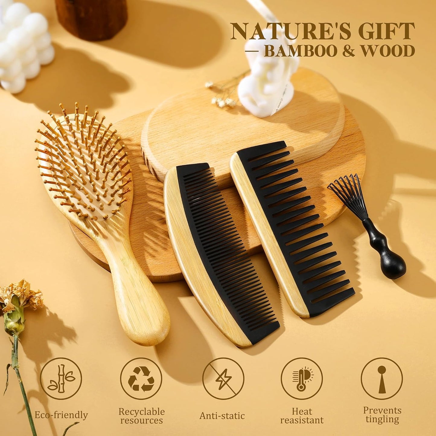 BFWood Bamboo Hair Brush and Comb, Wooden Hair Comb Set for Women Girls Men, Wood Curly Detangling Hair Paddle Brushes, Wide Tooth Fine Tooth Travel
