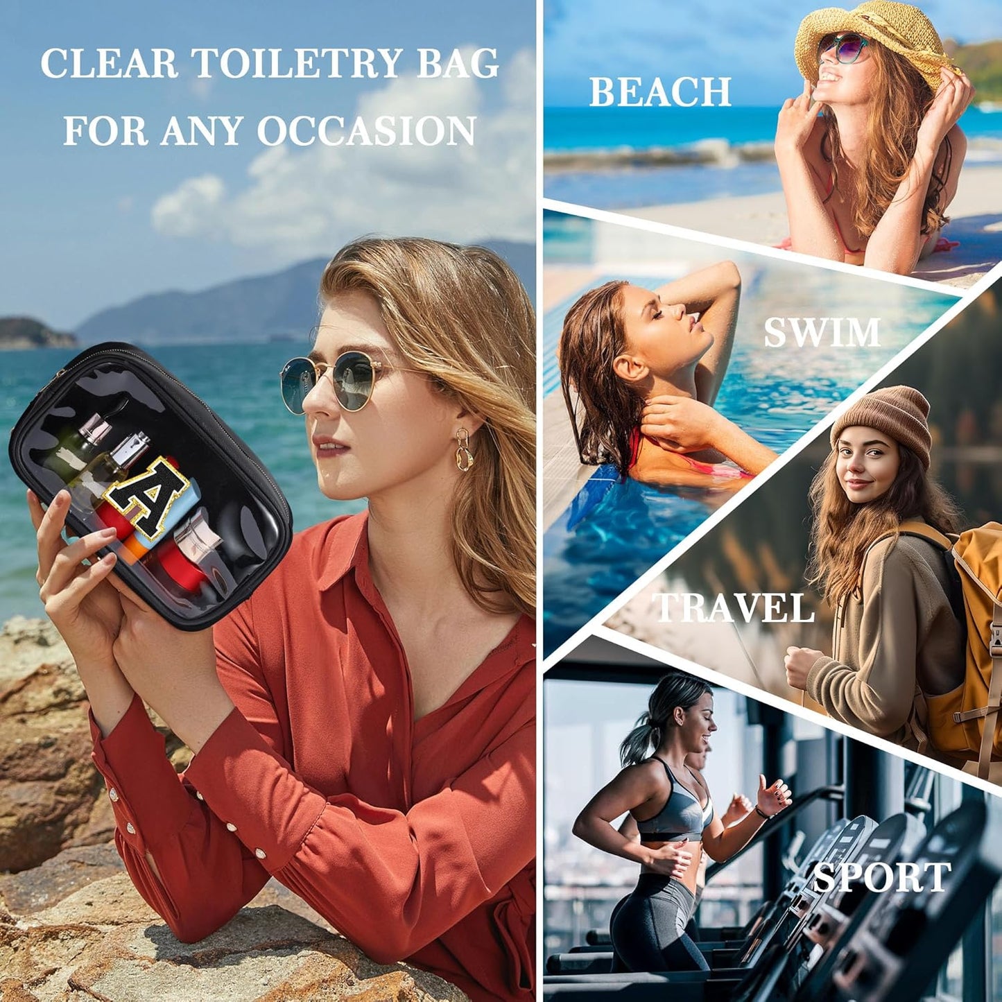 YOOLIFE Initial Travel Makeup Bag Pouch, Clear Toiletry Bag for Women Travel Accessories Cosmetic Bag Skin Care for Teen Make Up Bags Birthday Gifts for Women Unique Teacher Mom Friends Gifts Black N