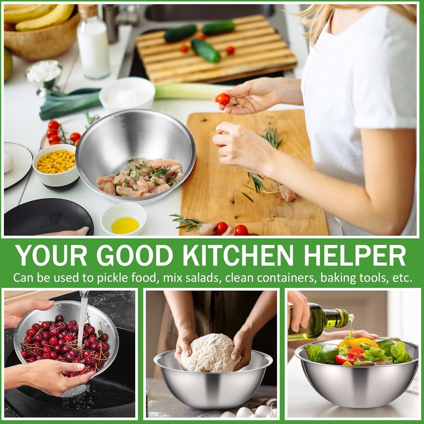 Honeydak 6 Pcs 304 Stainless Steel Mixing Bowls with Graduations, Salad Bowls Metal Serving Reusable Baking Food Storage Containers for Baking Cooking Salads Soups Ice Cream Noodles (84 oz)