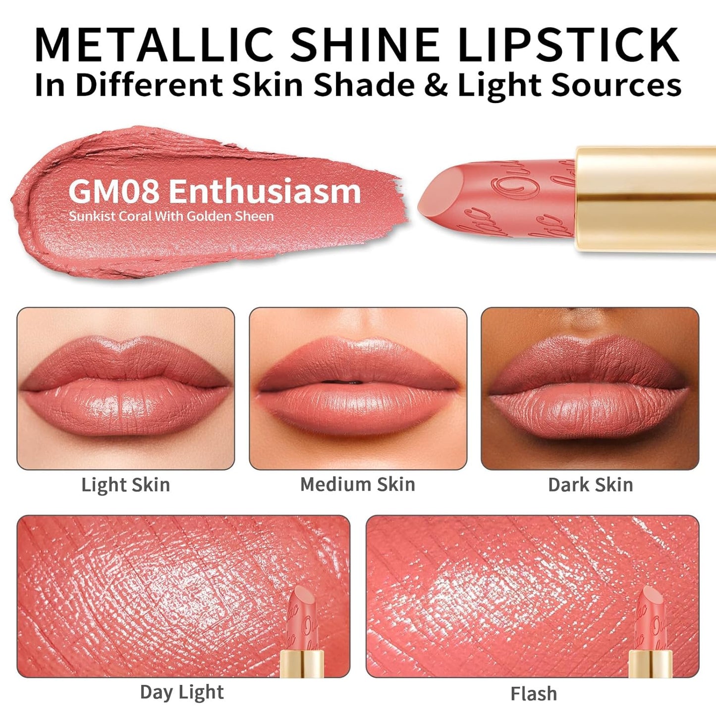 Oulac Coral Matte Lipstick with Glow Metallic Finish - Vegan Lipstick for Women, Creamy Texture, Hydrating Clean Beauty Formula, High-End Magnetic Hook Design, GM08 Enthusiasm