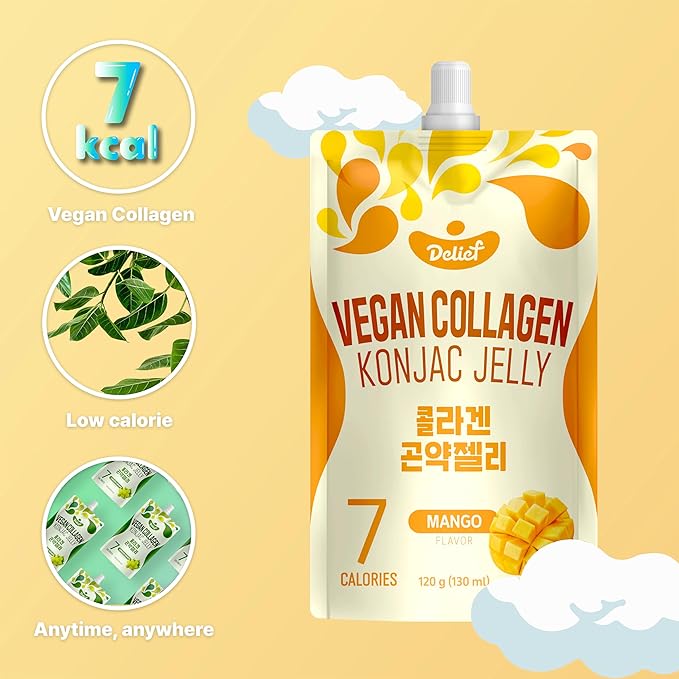 Vegan Collagen Konjac Jelly (Mango Flavor) 120g x 10 Packs – Low-Calorie Fruit Gel Snack, Gluten-Free, Plant-Based, 7 kcal per Pouch