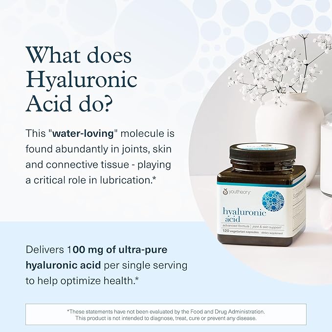 Youtheory Hyaluronic Acid Advanced Formula - Joint Support Supplement with Boswellia Extract* - Skin Health Supplement - Dairy, Soy & Gluten Free - 120 Vegetarian Capsules