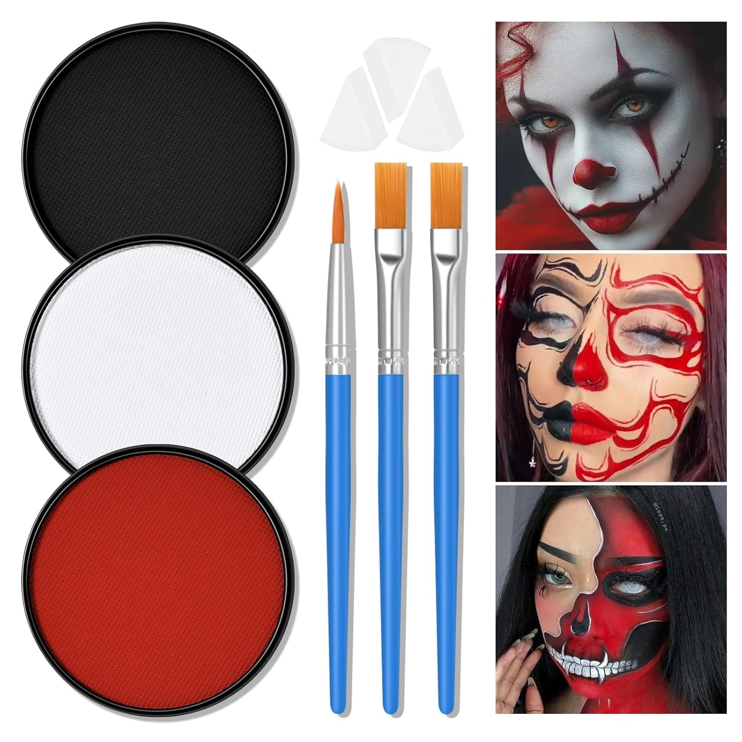 White Black Red Foundation Face Body Paint, Halloween Makeup Face Painting Kit with Painting Brushes and Makeup Sponge for Kids & Adults Goth Clown Vampire Joker SFX Cosplay Party-30g