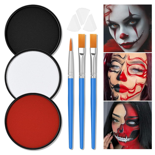 White Black Red Foundation Face Body Paint, Halloween Makeup Face Painting Kit with Painting Brushes and Makeup Sponge for Kids & Adults Goth Clown Vampire Joker SFX Cosplay Party-30g