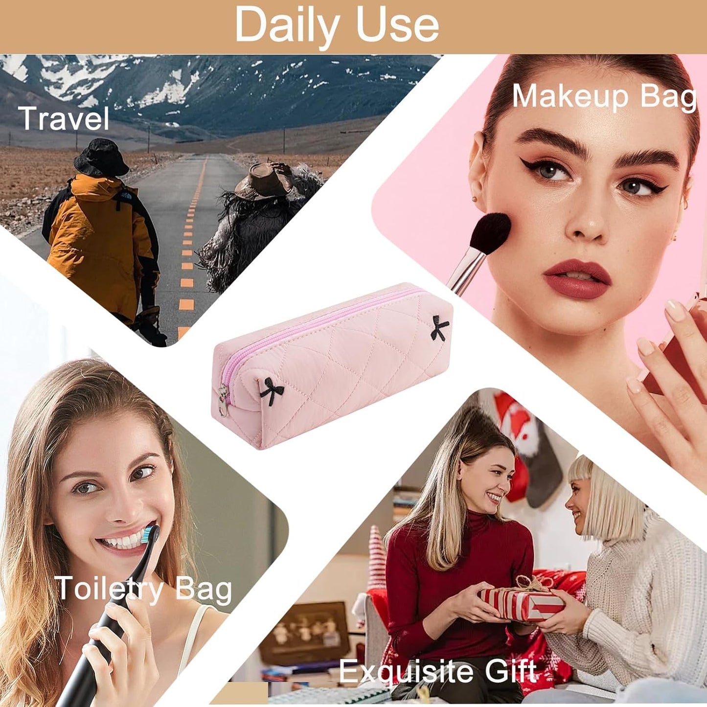 Cute Floral Cotton Makeup Brush Cosmetic Bag for Women, Travel Quilted Zipper Make Up Bag, Flowers Toiletry Organizer Case Kawaii Makeup Cosmetic Travel Cloth Pouch (Pink)