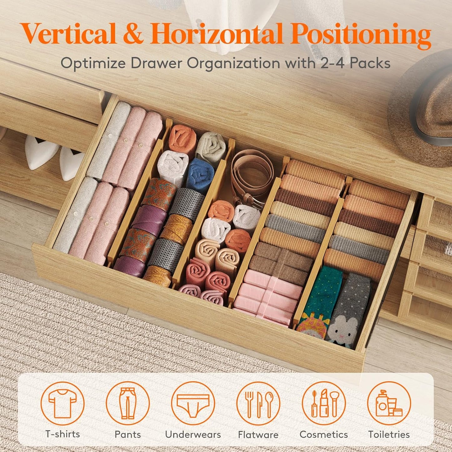 Lifewit 5 Pack 4" High Bamboo Drawer Dividers, 17-21.5" Adjustable Drawer Organizers for Clothes, Wood Dresser Drawer Divider, Expandable Deep Drawer Separators for Dresser, Kitchen, Bedroom, Bathroom