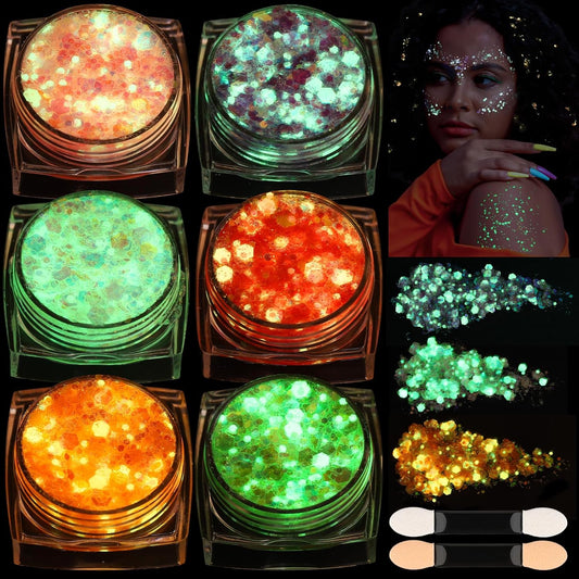 Teenitor 6 Colors Body Glitter Face Glitter, Glow in The Dark Glitter Gel, Glow in The Dark Face Paint for UV Black Light Concerts Party Rave Accessories