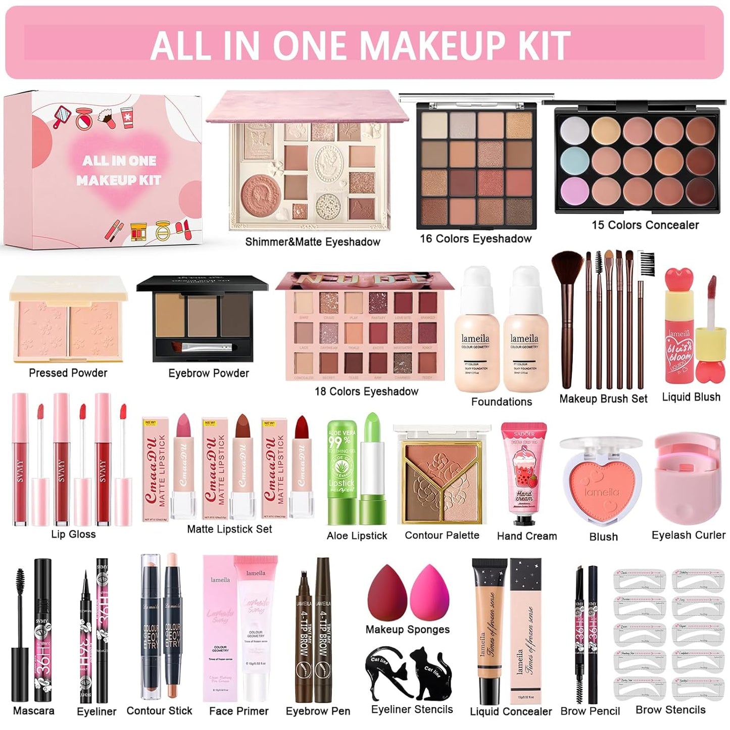 All in One Makeup Kit Makeup Set for Women Full Kit, Make Up Gift Set for Women Teens Girls, Makeup Essential Bundle Includes Eyeshadow Foundation Lipsticks Mascara Eyeliner Cosmetic Brush Set