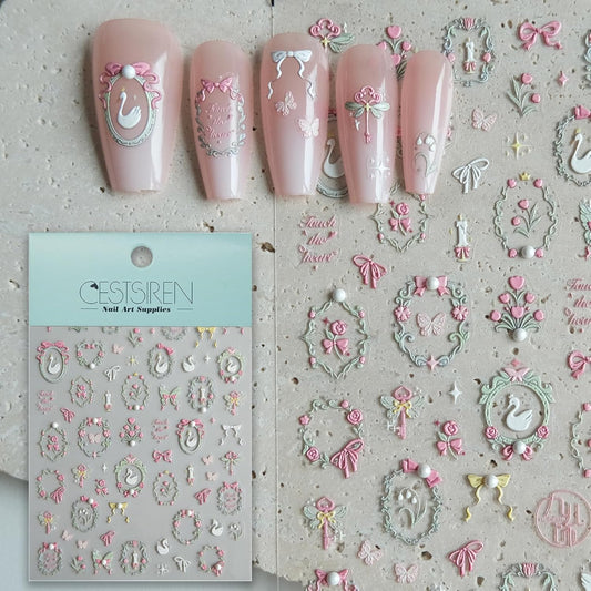 Swan Nail Art Stickers, Embossed Decals, Elegant Cute Design, Pearl, Self-Adhesive Accessories for Women, Nail Supplies
