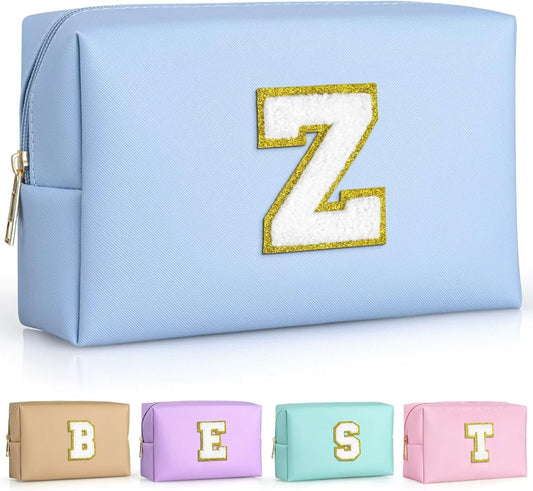 TOPEAST Preppy Makeup Bag, Small Cosmetic Travel Bags for Women, PU Leather Waterproof Toiletry Bag with Zipper, Personalized Birthday Gift for Women Girl, Preppy Gifts for Girl (Sky Blue Z)