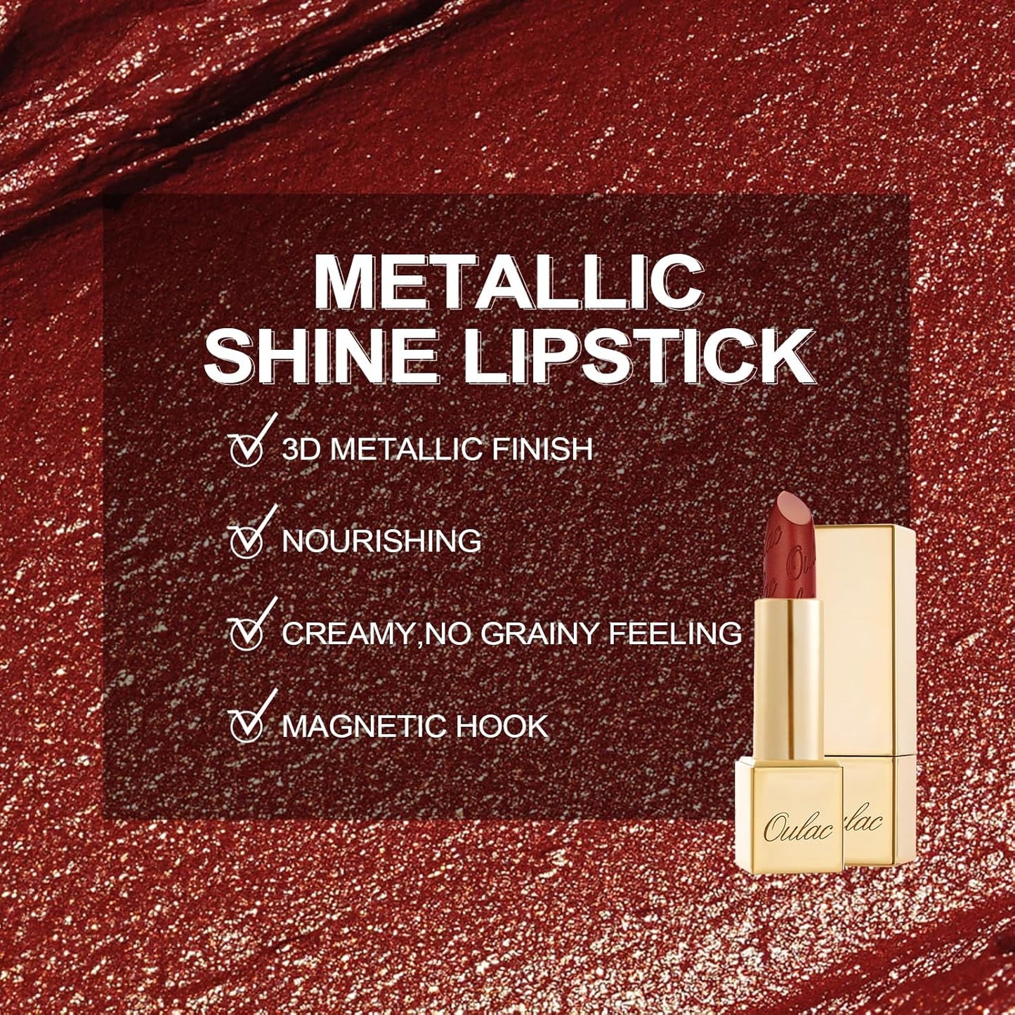Oulac Matte Plummy Red Lipstick with Glow Metallic Finish - Vegan Lipstick for Women, Creamy Texture, Hydrating Clean Beauty Formula, High-End Magnetic Hook Design, GM13 Daring