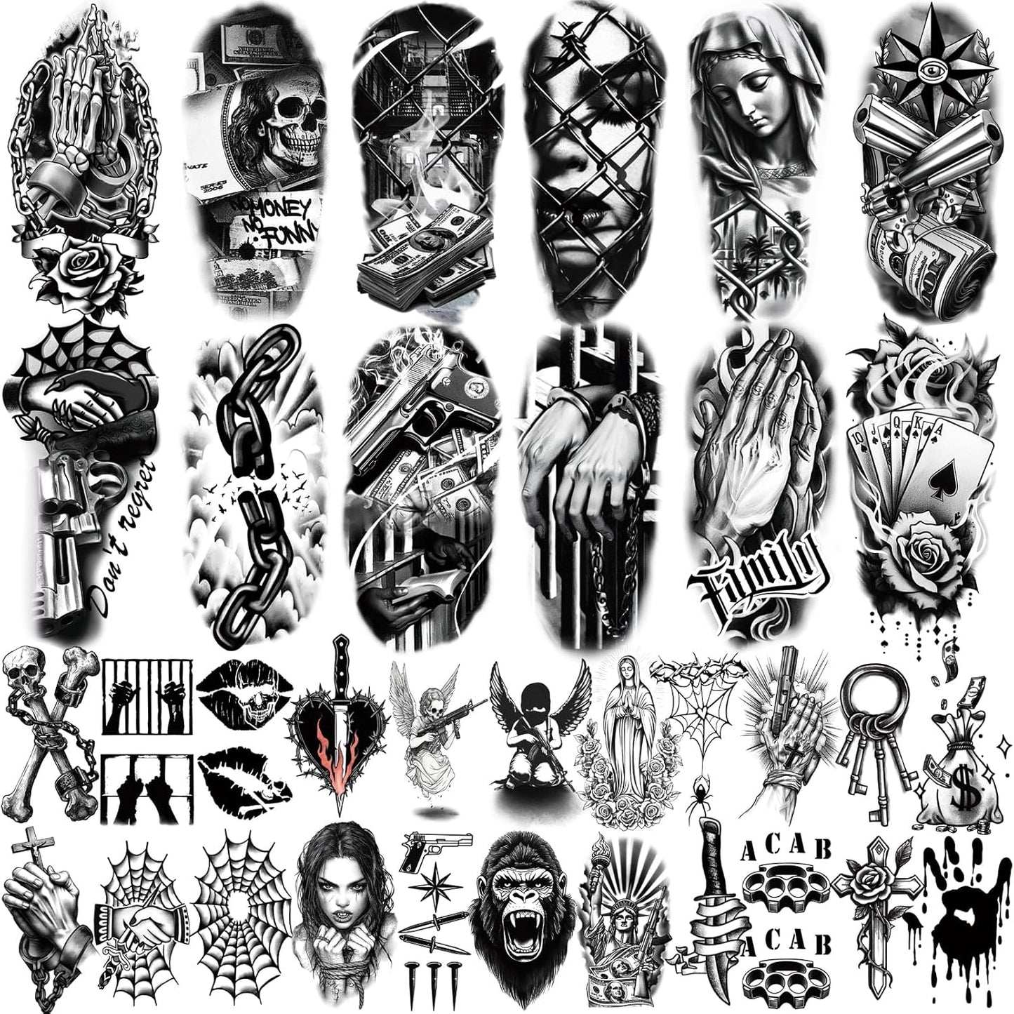 77 Sheets Temporary Tattoo For Men Women, Black Scary Skull Skeleton Knife Rose Temporary Tattoos For Adults Neck Arm Thigh, Small Mermaid Angle Clown Fake Tattoo Sticker For Boys Girls Tatoos