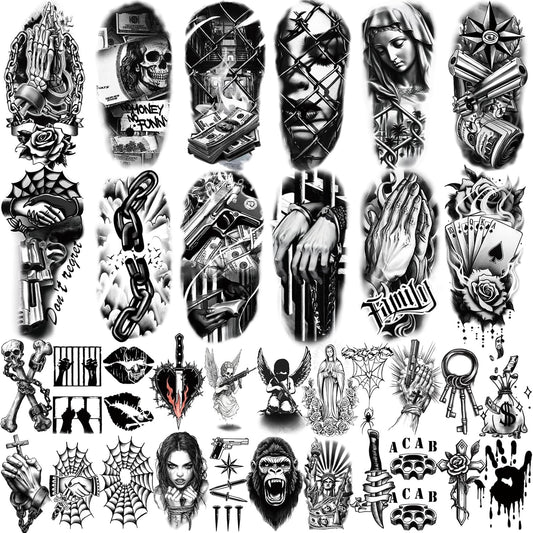 77 Sheets Temporary Tattoo For Men Women, Black Scary Skull Skeleton Knife Rose Temporary Tattoos For Adults Neck Arm Thigh, Small Mermaid Angle Clown Fake Tattoo Sticker For Boys Girls Tatoos