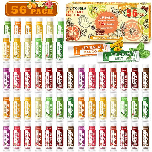 Yopela 56 Pack Natural Lip Balm in Bulk with Vitamin E and Coconut Oil - Moisturizing, Soothing, and Repairing Dry and Chapped Lips - 14 Flavors - Non-GMO Valentine's Gift