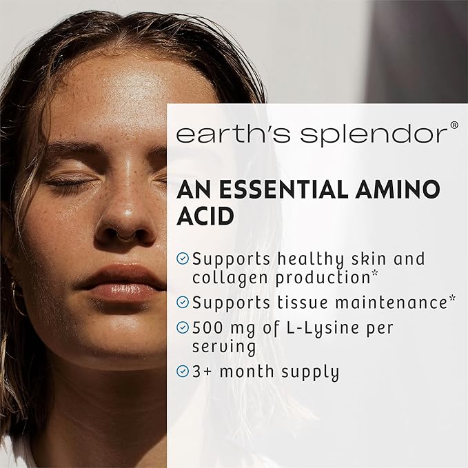 Earth's Splendor L-Lysine 500 mg Dietary Supplement for Men & Women, Supports Collagen & Tissue Maintenance (500 mg, 100 Caplets)