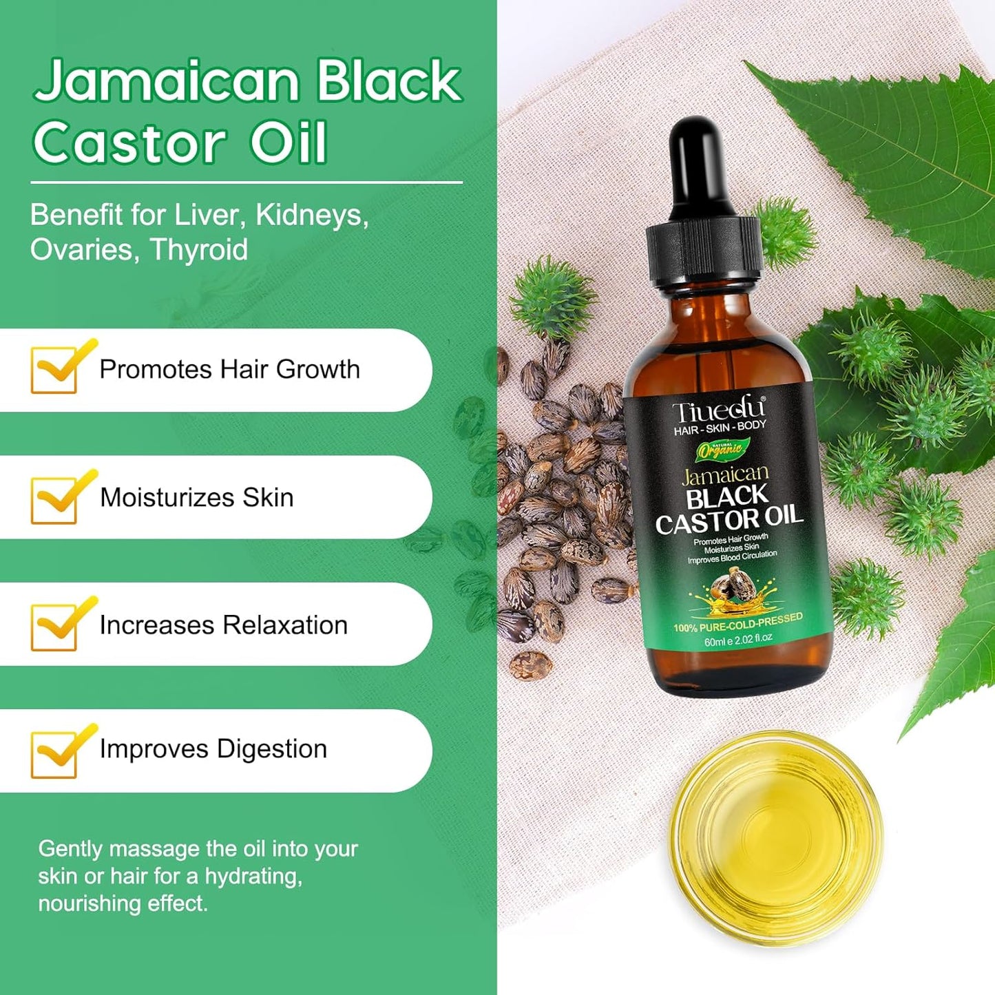 Tiuedu Jamaican Black Castor Oil for Hair Growth,Thicker Eyelashes & Eyebrows,Castor Oil for Hair,Face,Body & Skin,100% Pure Cold Pressed Black Castor Oil,Hair Nourishing Oil,Massage Oils