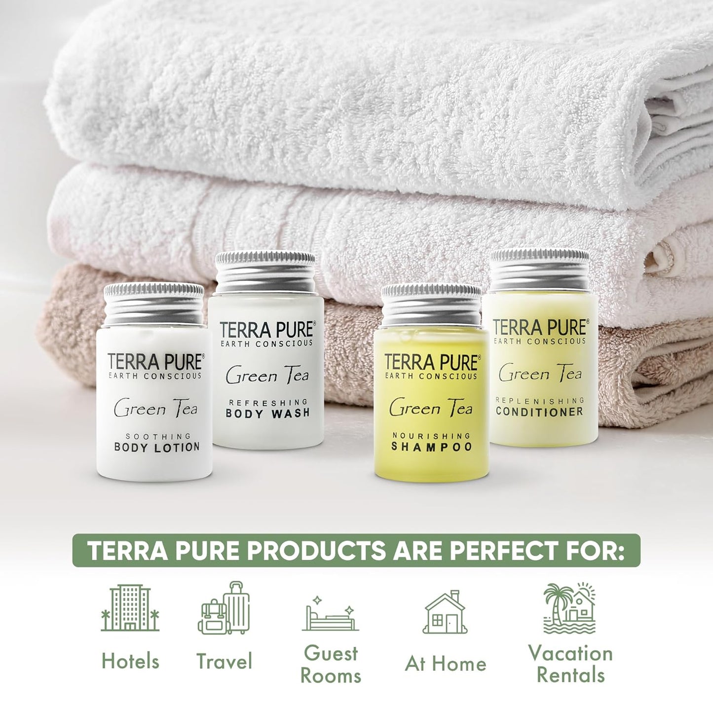 Terra Pure Green Tea Toiletries Set | 1-Shoppe Amenities Kit | 1oz Shampoo & Conditioner, Body Wash, Lotion | Travel Size | 80 Pieces