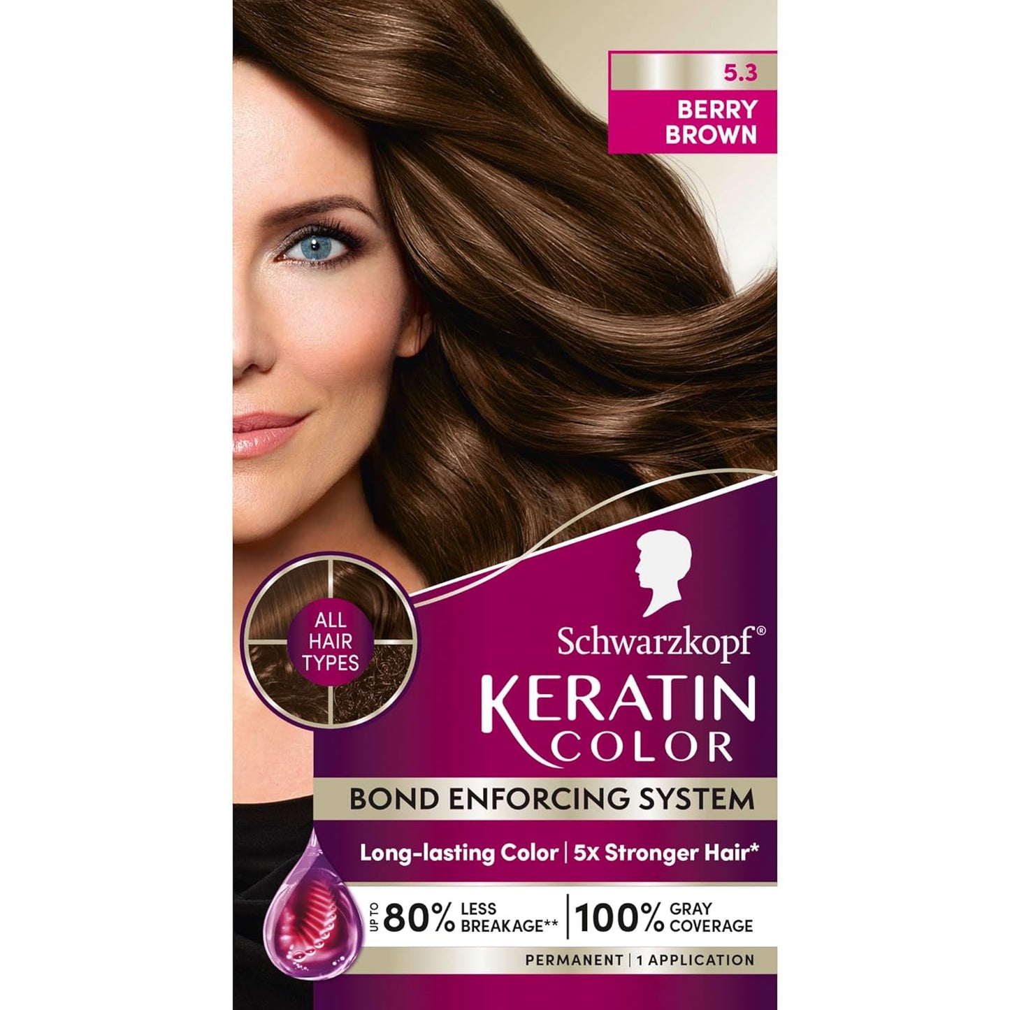 Schwarzkopf Keratin Permanent Hair Dye Cream, 5.3 Berry Brown, Professional Quality Color for Up to 100% Gray Coverage, Bond Enforcing System