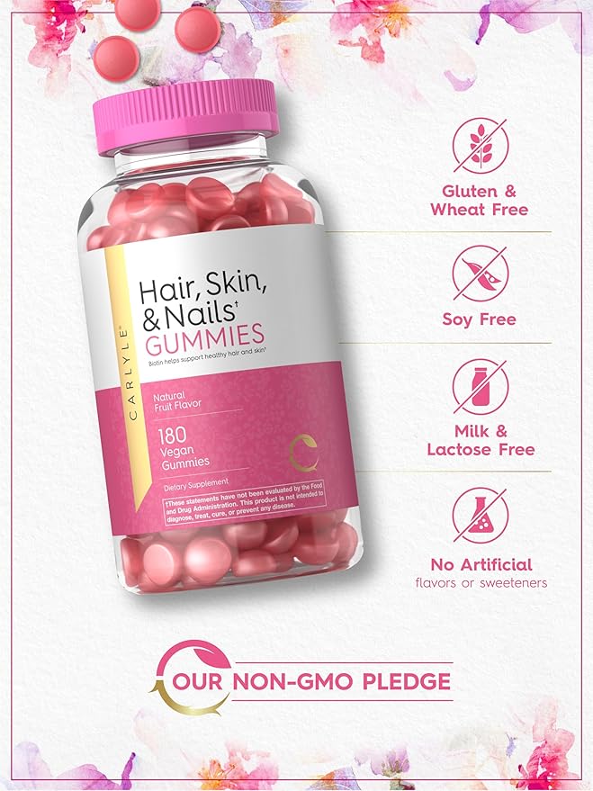 Carlyle Hair, Skin and Nails Gummies | 180 Count | Fruit Flavor Gummy Vitamins | with Biotin | Non-GMO, Gluten Free