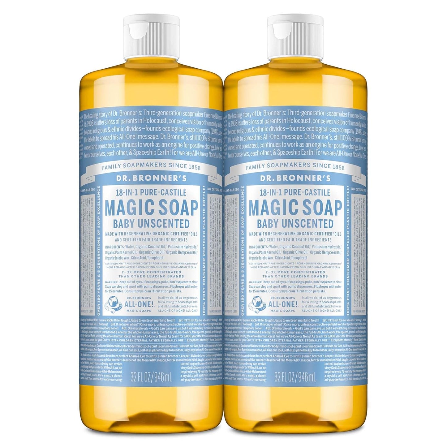Dr. Bronner's Magic Soap-Pure-Castile Liquid Soap (Baby Unscented, 32 ounce, 2-Pack)-Regenerative Organic Certified Oils, 18-in-1 Uses: Body, Laundry & Dishes, For Sensitive Skin, No Fragrance