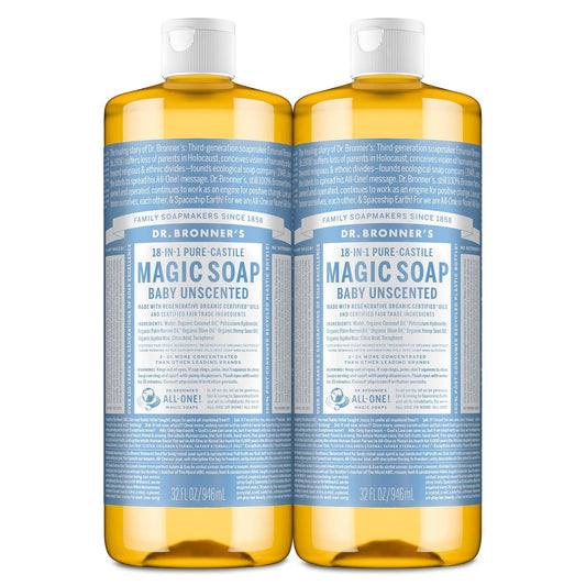 Dr. Bronner's Magic Soap-Pure-Castile Liquid Soap (Baby Unscented, 32 ounce, 2-Pack)-Regenerative Organic Certified Oils, 18-in-1 Uses: Body, Laundry & Dishes, For Sensitive Skin, No Fragrance