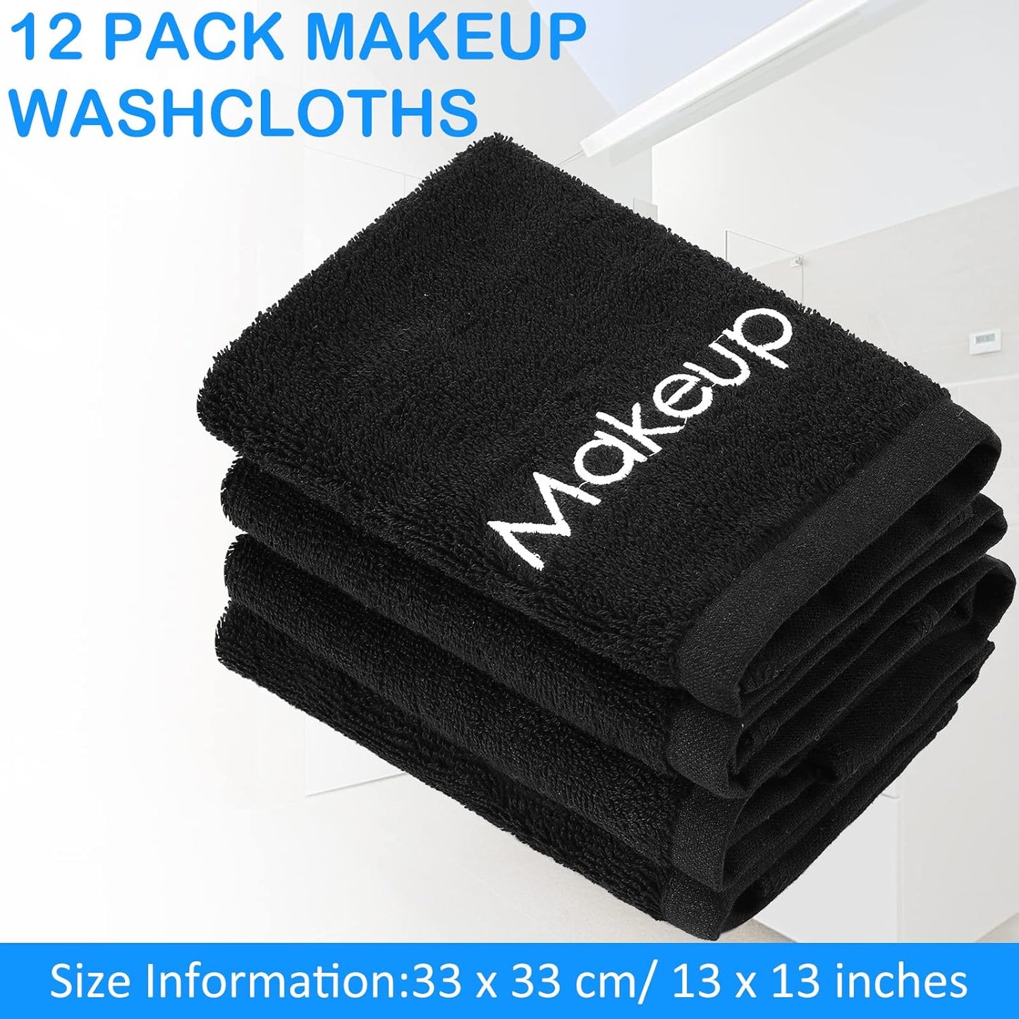 Panelee 13 Inch Makeup Washcloths Black Makeup Towels Cotton Face Wash Cloths Bulk Facial Remover Cleansing Towels Soft Cosmetic Water Absorbent for Women Hand Skin Care(12 Pcs)